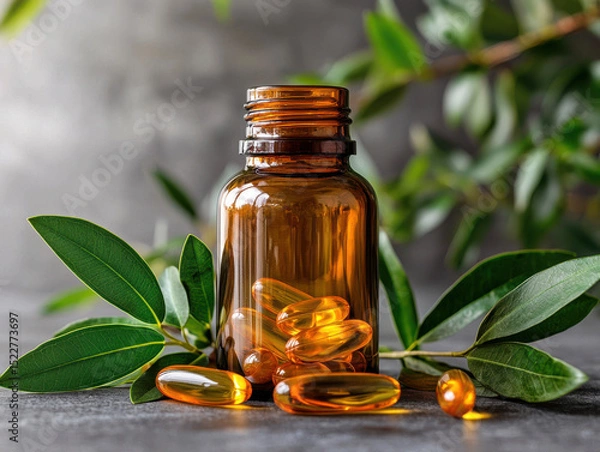 Obraz Amber bottle with softgel capsules surrounded by green leaves, showcasing health and wellness