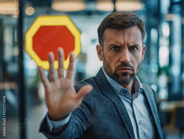 Obraz Businessman with determined expression, hand raised stop gesture, conveying authority and focus