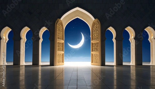 Obraz the mosque door is open with a view of the crescent moon outside at night. Islamic concept, muharram, ramadan, Islamic holidays