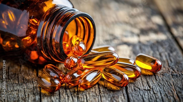 Obraz Spilled amber capsules on wooden surface, showcasing their glossy texture and color