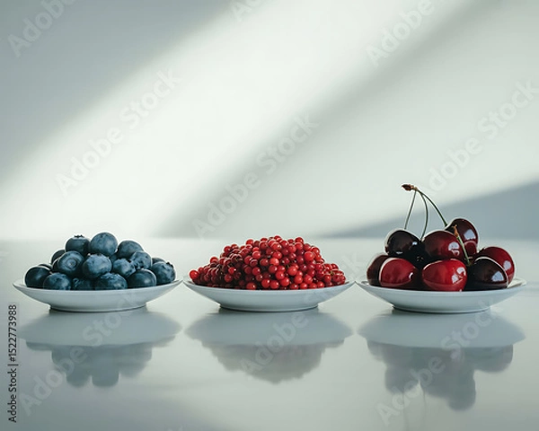 Fototapeta Fresh, ripe red berries are presented in a bowl and scattered on a plate
