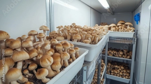Fototapeta Growing mushrooms on a farm. Selective focus, Generative AI,