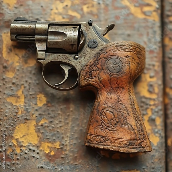 Fototapeta Ornate pistol placed on distressed leather case High Resolution Picture