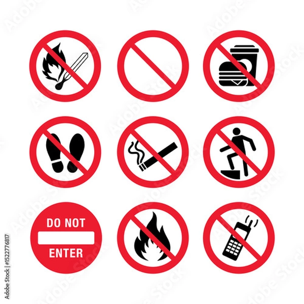 Fototapeta Set of Universal Prohibition Icons in Red Circular Signs on White