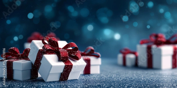 Obraz Christmas background concept, elegant White Gift Boxes with Red Ribbons on Sparkling Blue Background