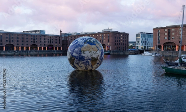 Fototapeta Liverpool, united kingdom May, 16, 2023  Floating earth in Albert Dock for Eurovision 2023