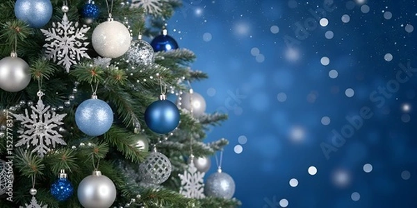 Obraz Elegant Christmas Tree with Blue and Silver Ornaments on Bokeh Background