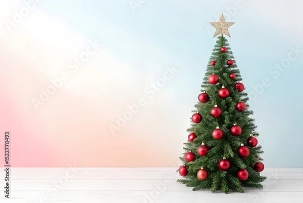 Obraz Festive Christmas Tree with Red Ornaments and Star Topper