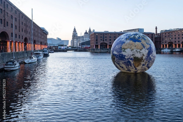 Fototapeta Liverpool, united kingdom May, 16, 2023  Floating earth in Albert Dock for Eurovision 2023