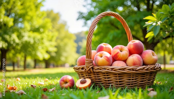 Obraz Basket of fresh apples on grass in sunny orchard  