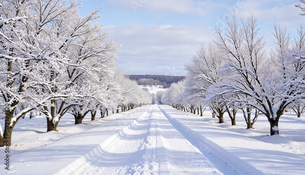 Obraz Snow-covered pathway through trees in a winter landscape  