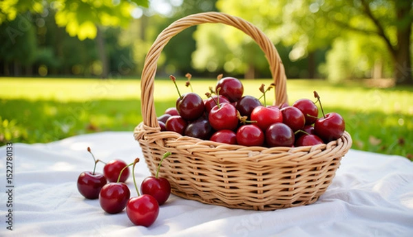 Obraz Fresh cherries in wicker basket on white cloth in sunny park  