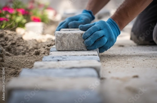 Fototapeta A person in blue gloves carefully lays stone pavers along a garden pathway.
