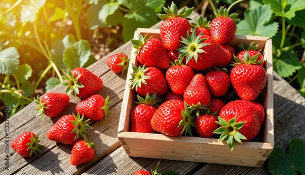 Obraz Fresh strawberries in wooden crate on table in sunny garden  