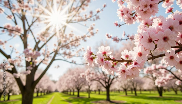 Obraz Cherry blossoms blooming in spring park with sunlight shining brightly  
