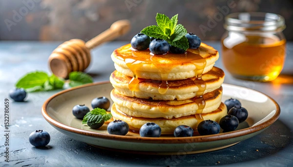 Fototapeta Delicious Stack of Pancakes with Honey and Blueberries
