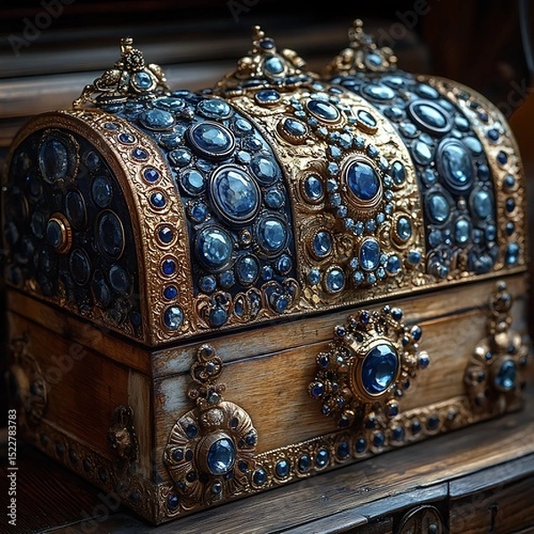 Fototapeta Chest with precious blue gems and gold trim High Resolution Picture