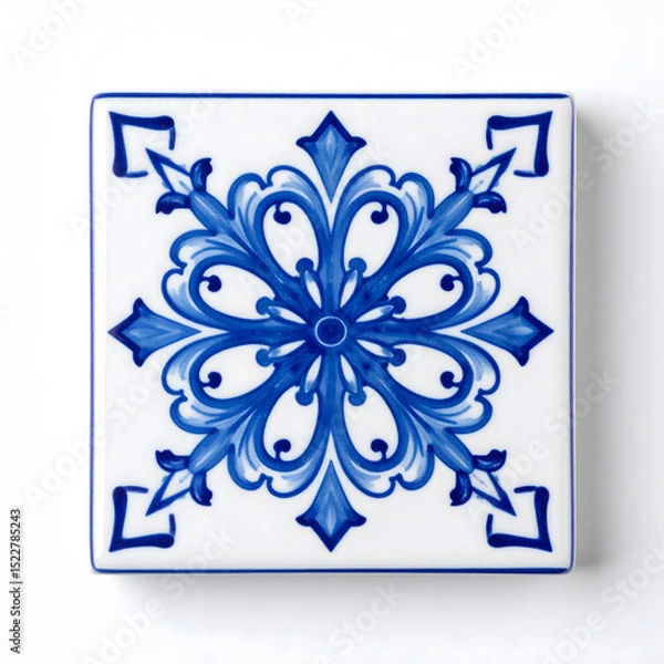 Fototapeta A single white tile with a classic blue floral pattern, perfect for a decorative accent or traditional design