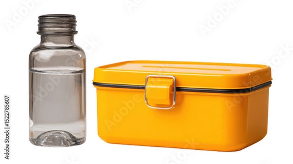 Fototapeta Studio shot of a yellow lunchbox with a metal clasp and a transparent plastic water bottle filled with still water, both set against a transparent background