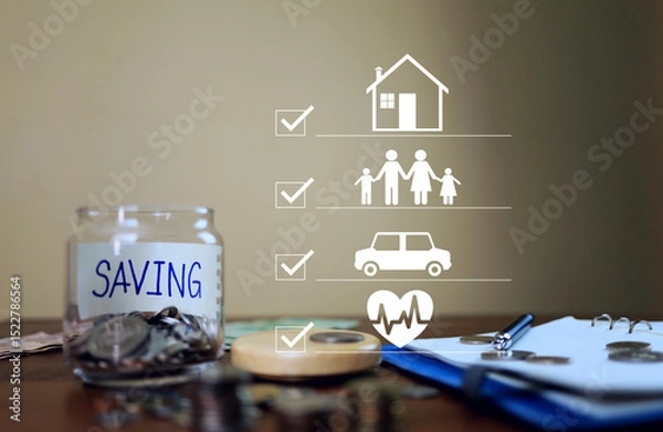 Fototapeta The saving concept with checkmark on home and other important factors in life conveys planning for the future such as having a family, a car and health insurance