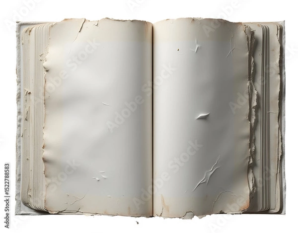 Fototapeta Old open book with blank aged pages showing wear and tear, evoking nostalgic feeling