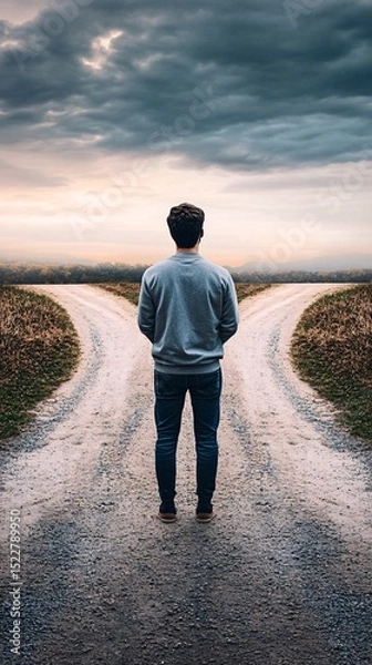 Obraz Rear View of Man at Road Fork Under Moody Sky Symbolizing Life Decisions and Directions