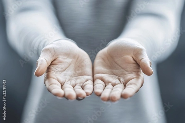Obraz Outstretched Palms of a Woman Asking for Help Showing Human Compassion Gesture