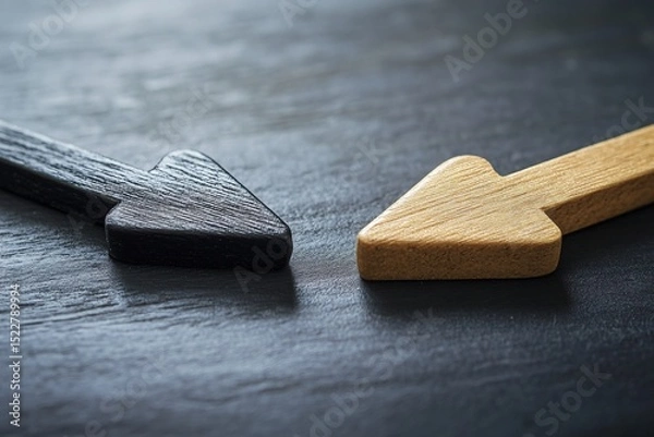 Obraz Black and Brown Wooden Arrows Facing Each Other on Dark Textured Surface with Copy Space