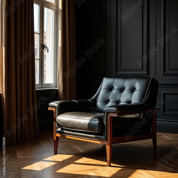 Fototapeta An elegant black tufted leather armchair with a wood frame sits in a sophisticated, moody room with dark paneled walls, bathed in warm sunlight from a large window.
