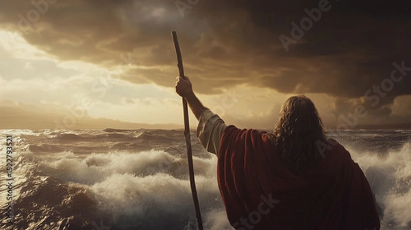 Obraz Dramatic Biblical Scene Featuring Moses Parting the Red Sea at Sunset