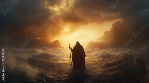Obraz Biblical Scene Depicting Moses Parting the Red Sea at Sunset