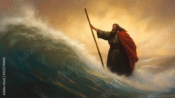 Obraz Biblical Scene With Moses Parting the Red Sea, Leading a Miraculous Passage