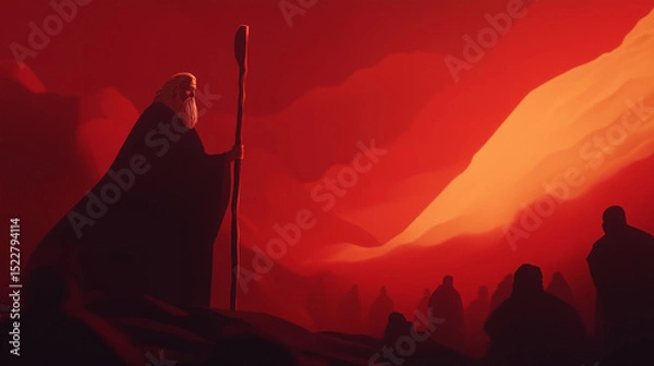 Obraz Ancient Spiritual Leader Guiding People Through Fiery Red Landscape