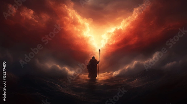 Obraz Biblical Scene of Moses Parting the Sea Amidst Dramatic Sunset Skies