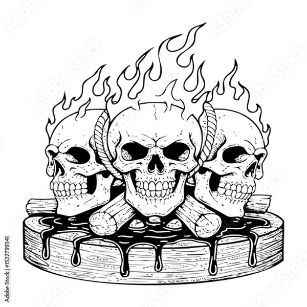 Fototapeta Skulls on wooden platform with rising flames, dark occult art vintage-style monochrome sketch. 