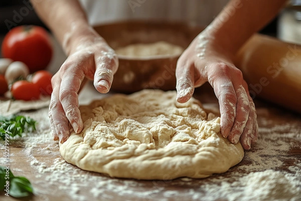 Obraz Dough. Baker's hands kneading dough 
