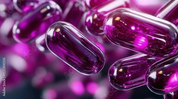 Obraz This captivating image features abstract purple capsules floating with a vibrant glowing effect, symbolizing health and innovation in a visually striking manner.