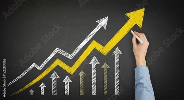 Fototapeta Businessman drawing a red stock market growth graph with an arrow pointing up, signifying financial success and profit