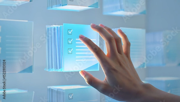 Fototapeta Hand selecting virtual options on a digital touchscreen interfaceHand selecting virtual options on a digital touchscreen interface