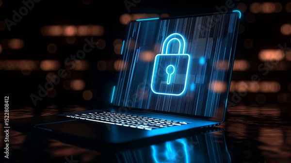 Obraz Secure Digital Technology Concept Featuring Glowing Lock Icon on Laptop Screen