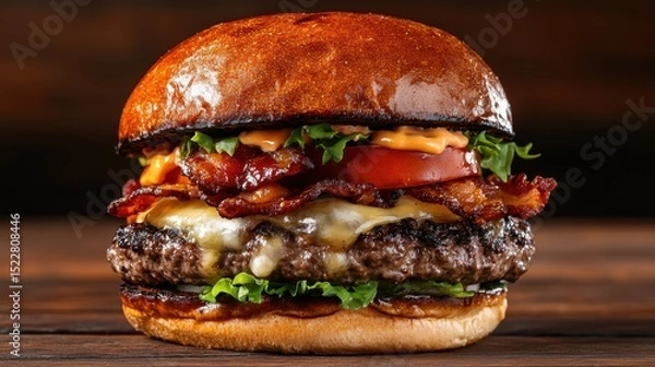 Obraz A mouth-watering burger with layers of bacon, cheese, lettuce, tomato, and sauce, showcasing a perfect blend of flavors and textures in a beautifully toasted bun.