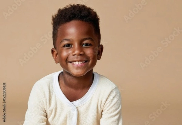 Obraz smiling diverse African American boy, wearing soft cream white pajamas or cardigan, on beige background. Lifestyle casual studio portrait.