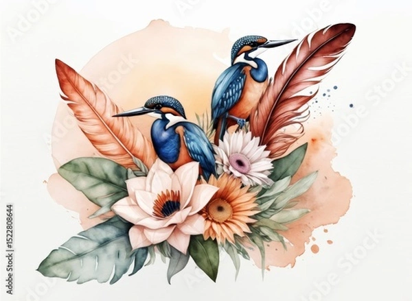 Obraz exotic  feathers, lyrebird and kingfisher birds on flowers watercolor print of white for a t-shirt design, red blue color palette, terracotta, blush, cream, sage colors. Artistic style. 