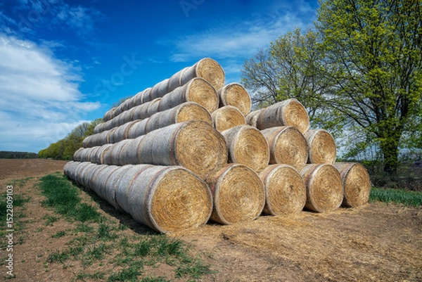 Fototapeta Amazing view with a large pile of bales of hay and blue sky with fluffy white clouds