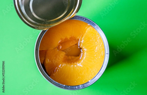 Fototapeta Open Tin Or Can Of Sliced Peaches Dessert Or Cooking Ingredients