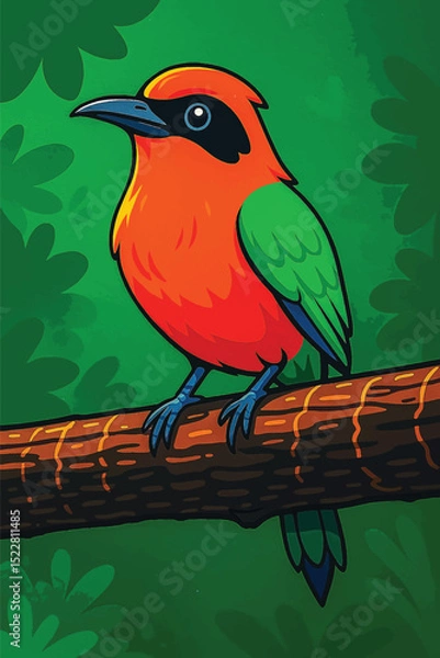 Obraz Adobe Illustrator Artwork Vivid Red and Green Songbird on a Forest Branch – Stylized Digital Artwork