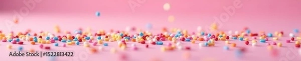 Obraz Vibrant sprinkles showering on a soft pink surface, festive, sugar