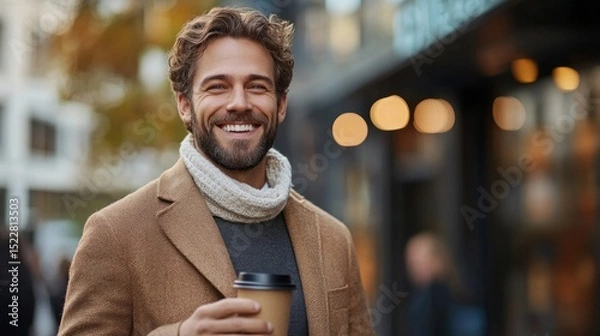 Fototapeta Happy businessman enjoying coffee while walking through a busy city street on a bright autumn day