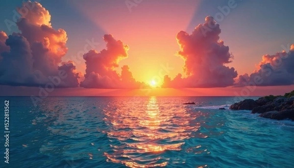Obraz Vibrant sunrise paints Maldivian sky, ocean glows , tranquil, destination