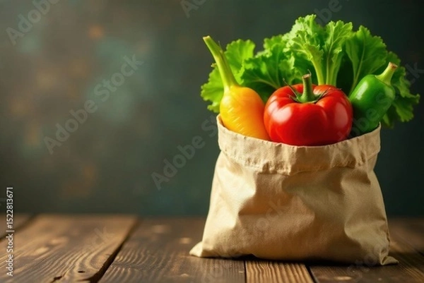 Obraz Vibrant veggies in reusable bag, wooden table, reusable bag, vegetables, eco